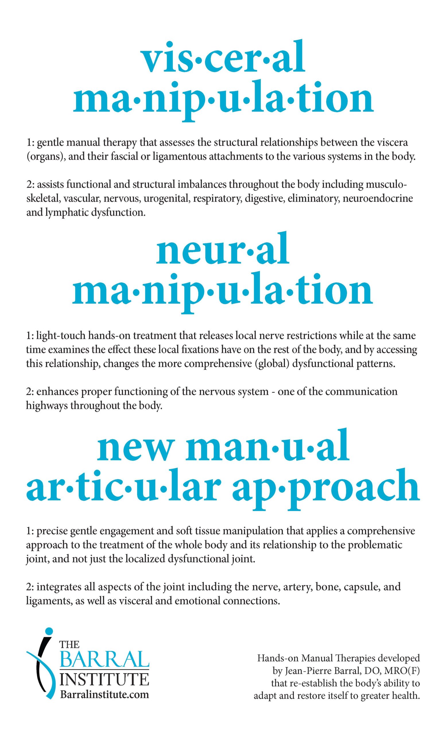 Definitions for visceral manipulation, neural manipulation, and new manual articular approach